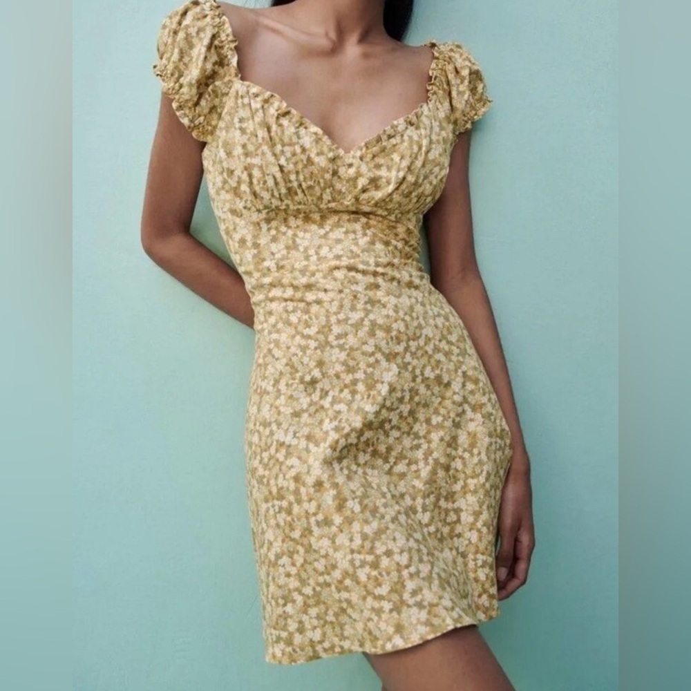 Zara Yellow Floral Cap Sleeve Mini Dress - XS